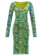 Ganni - Ruched Floral-print Mesh-jersey Midi Dress - Womens - Green Multi