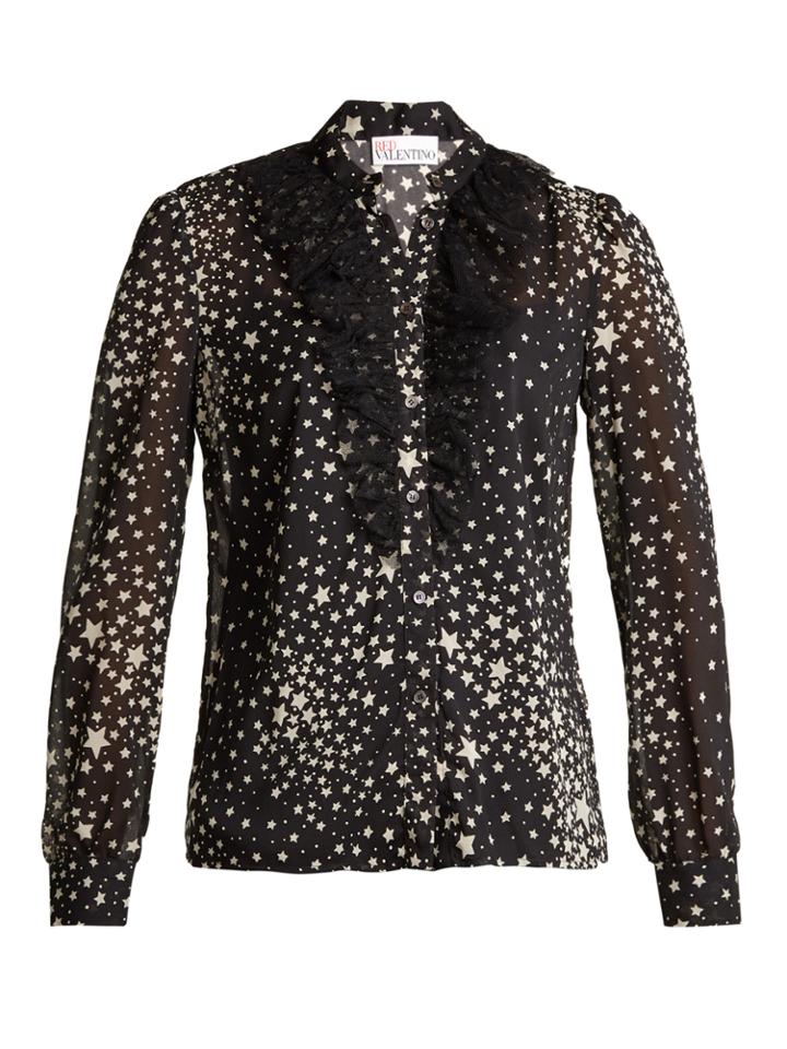 Redvalentino Ruffled-tulle Star-print Stretch-silk Blouse