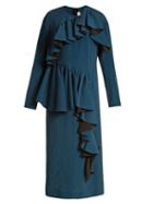 Matchesfashion.com Marni - Gathered Ruffle Long Sleeved Crepe Dress - Womens - Dark Blue