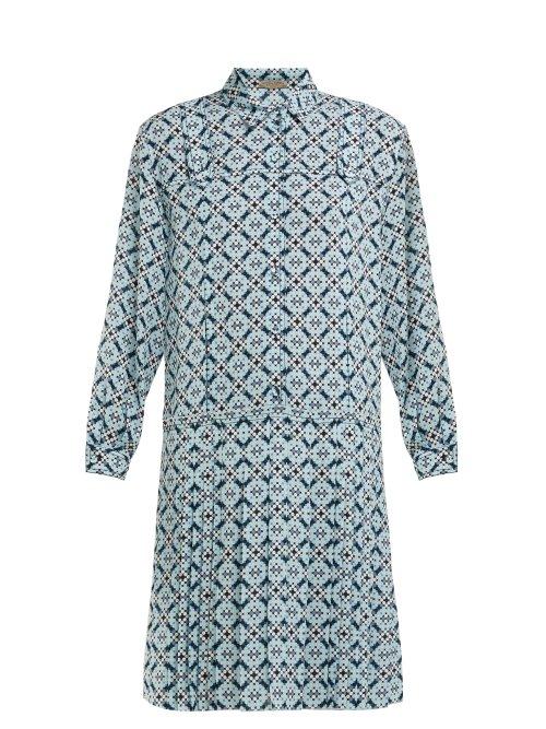Matchesfashion.com Bottega Veneta - Geometric Silk Dress - Womens - Blue Print