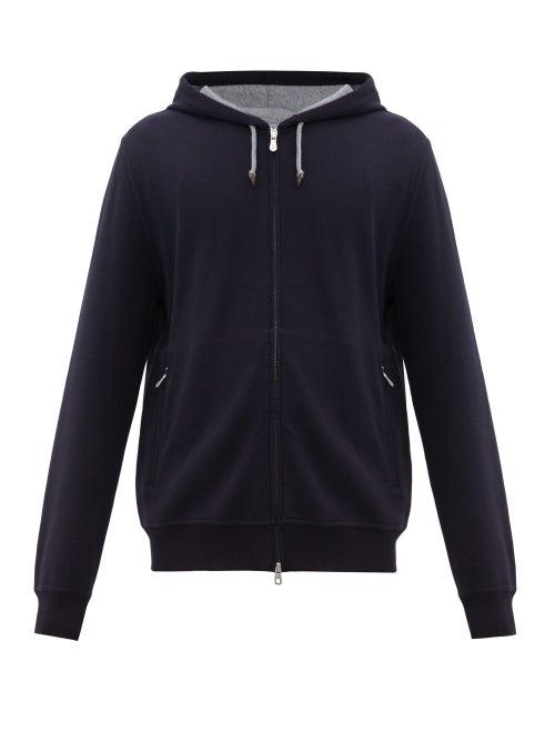 Matchesfashion.com Brunello Cucinelli - Zip Through Cotton Blend Hooded Sweatshirt - Mens - Navy
