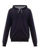 Matchesfashion.com Brunello Cucinelli - Zip Through Cotton Blend Hooded Sweatshirt - Mens - Navy