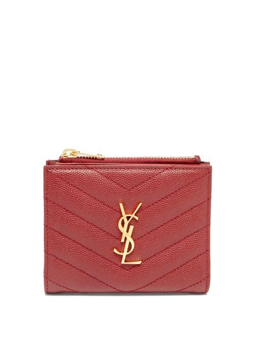Matchesfashion.com Saint Laurent - Ysl-plaque Quilted Pebbled-leather Bi-fold Wallet - Womens - Red