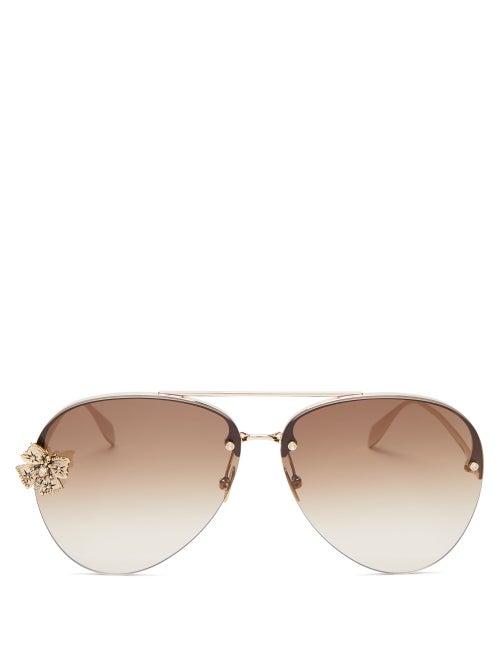 Matchesfashion.com Alexander Mcqueen - Butterfly-plaque Aviator Metal Sunglasses - Womens - Gold