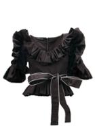 Matchesfashion.com Germanier - Ruffled Upcycled-satin Belted Blouse - Womens - Black