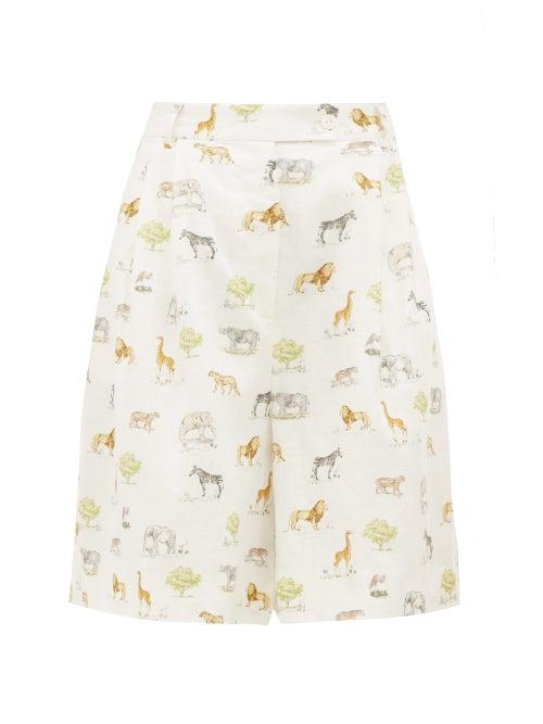 Matchesfashion.com Emilia Wickstead - Reggie High-rise Animal-print Linen Shorts - Womens - Cream Print