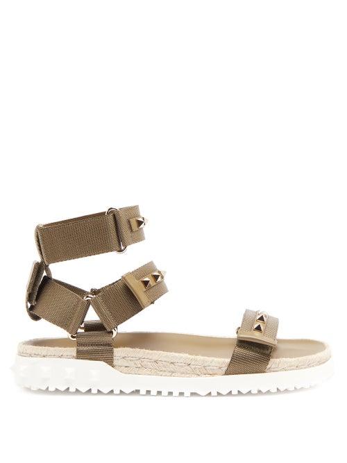 Matchesfashion.com Valentino Garavani - Rockstud Canvas And Jute Sandals - Womens - Khaki