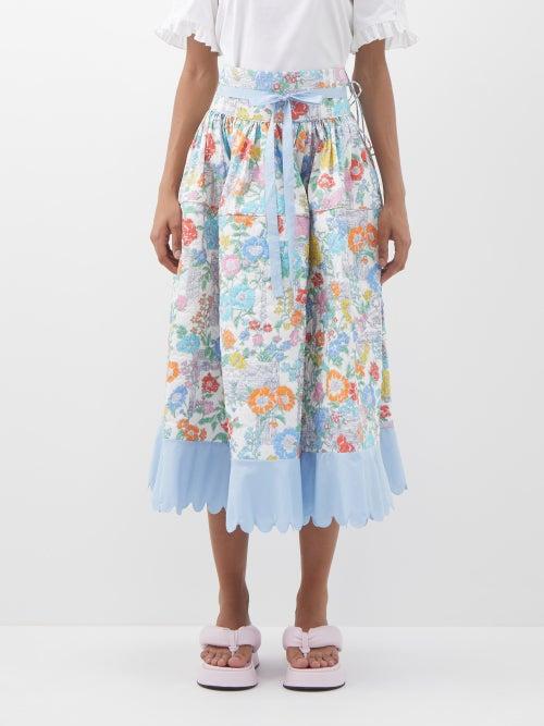 Horror Vacui - Cloe Quilted Floral-print Cotton Midi Skirt - Womens - White Multi