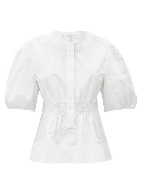 Matchesfashion.com Tibi - Shirred-waist Organic Cotton-poplin Blouse - Womens - White