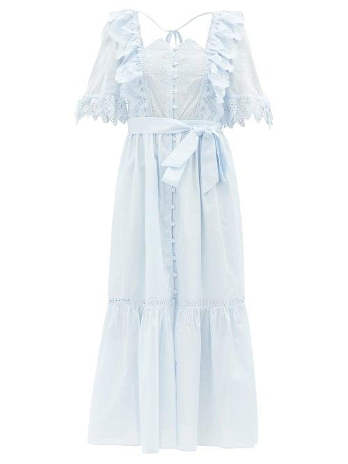 Self-portrait - Square-neck Scalloped Cotton Dress - Womens - Light Blue