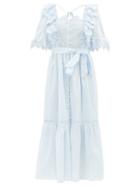 Self-portrait - Square-neck Scalloped Cotton Dress - Womens - Light Blue