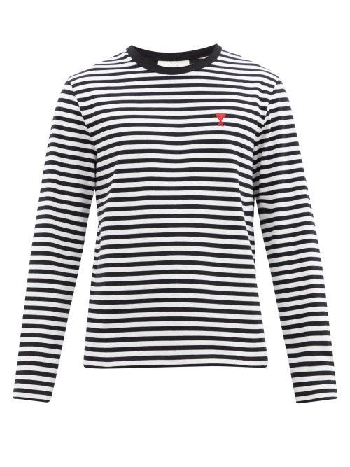 Mens Rtw Ami - Ami De Caur-logo Striped Cotton-jersey T-shirt - Mens - Black White