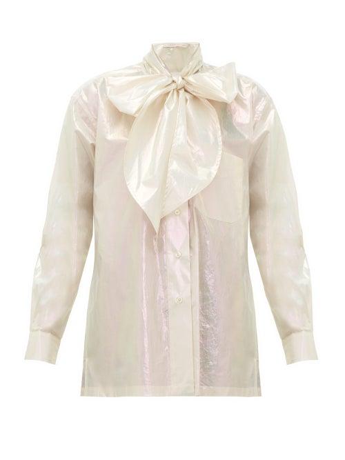 Matchesfashion.com Christopher Kane - Pussy Bow Iridescent Cotton Blouse - Womens - Cream