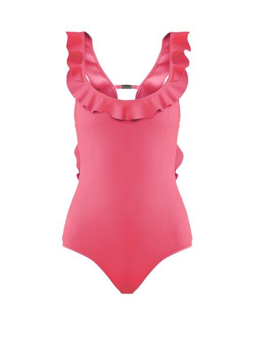 Matchesfashion.com Fendi - Bonded And Ruched Ruffle Back Swimsuit - Womens - Pink