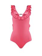 Matchesfashion.com Fendi - Bonded And Ruched Ruffle Back Swimsuit - Womens - Pink