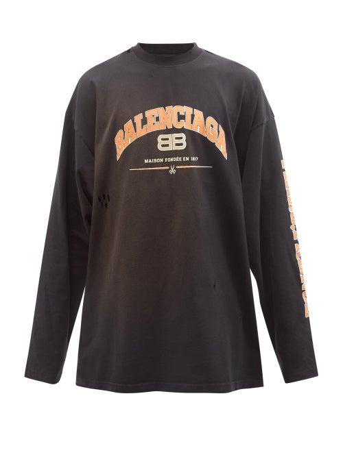 Balenciaga - Logo-print Distressed Cotton Long-sleeved T-shirt - Mens - Black Orange
