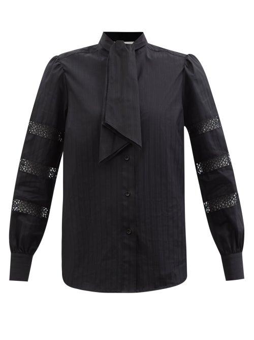 See By Chlo - Tie-neck Lace-insert Cotton-poplin Shirt - Womens - Black