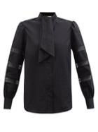 See By Chlo - Tie-neck Lace-insert Cotton-poplin Shirt - Womens - Black