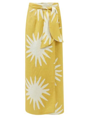Cala De La Cruz - Julieta Starburst-print Wrap Linen Midi Skirt - Womens - Yellow White