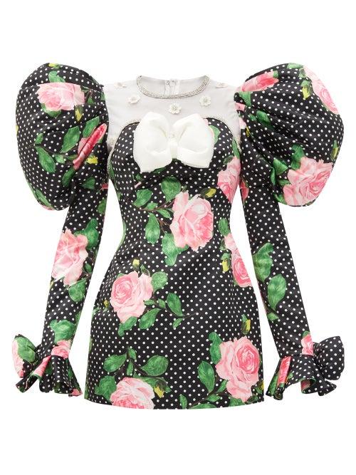 Matchesfashion.com Richard Quinn - Puff-shoulder Rose And Polka Dot-print Satin Dress - Womens - Black Multi