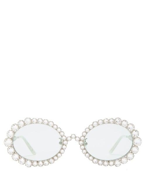 Matchesfashion.com Gucci - Crystal Round Metal Sunglasses - Womens - Silver