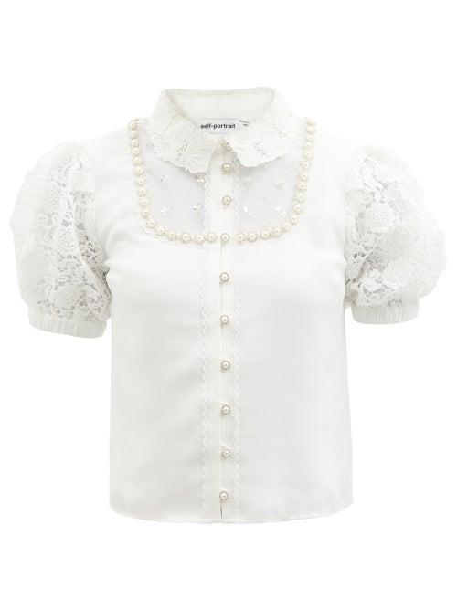 Self-portrait - Faux-pearl Embellished Crepe Top - Womens - White