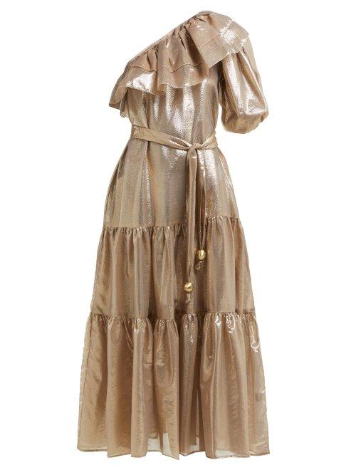 Matchesfashion.com Lisa Marie Fernandez - Arden Asymmetric Tiered Lam Midi Dress - Womens - Gold Multi