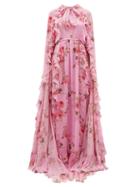 Matchesfashion.com Giambattista Valli - Peony Print Ruffle Trimmed Silk Cape Gown - Womens - Pink Multi
