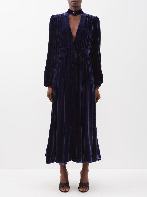 Raquel Diniz - V-neck Velvet Dress - Womens - Navy