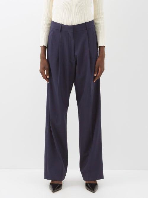 Frame - High-waist Pleated Twill Trousers - Womens - Navy