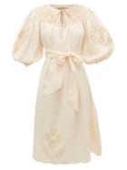 Matchesfashion.com Innika Choo - Hugh Jesmock Embroidered Linen-poplin Midi Dress - Womens - Light Yellow