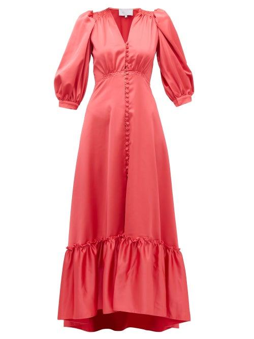 Matchesfashion.com Luisa Beccaria - V Neck Puff Sleeved Gathered Satin Dress - Womens - Dark Pink
