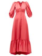 Matchesfashion.com Luisa Beccaria - V Neck Puff Sleeved Gathered Satin Dress - Womens - Dark Pink