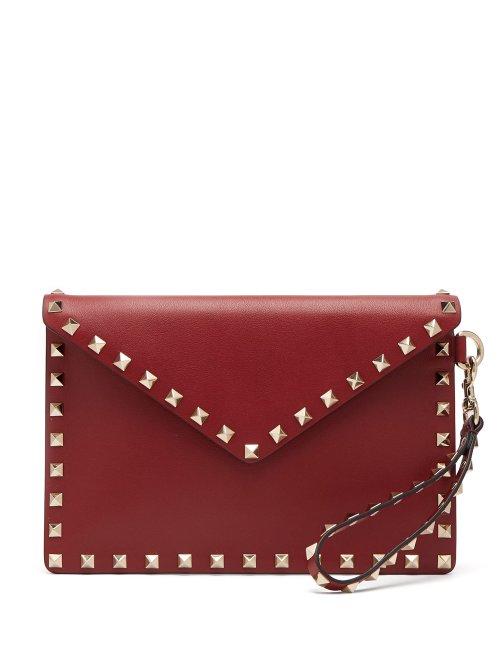Matchesfashion.com Valentino - Rockstud Leather Envelope Clutch - Womens - Burgundy