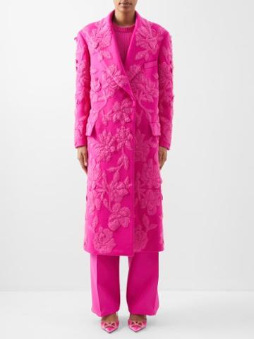 Valentino - Oblique-front Floral-appliqu Wool-blend Overcoat - Womens - Pink