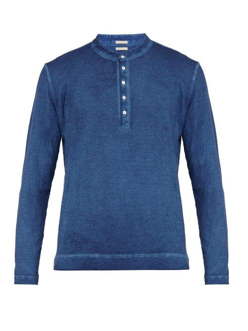 Matchesfashion.com Massimo Alba - Garment Dyed Long Sleeved Cotton Henley T Shirt - Mens - Blue