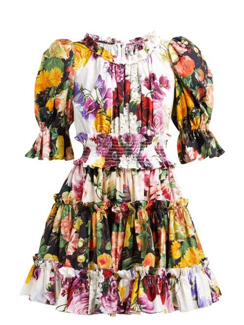 Matchesfashion.com Dolce & Gabbana - Ruffled Floral Print Cotton Dress - Womens - White Multi