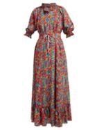 Matchesfashion.com Saloni - Skye Floral Print Silk Midi Dress - Womens - Red Print