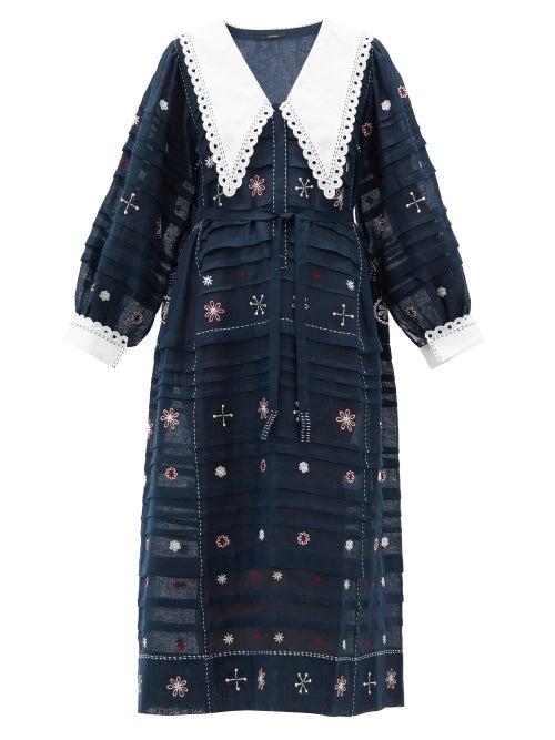 Matchesfashion.com Vita Kin - Constellation-embroidered Linen Midi Dress - Womens - Navy White