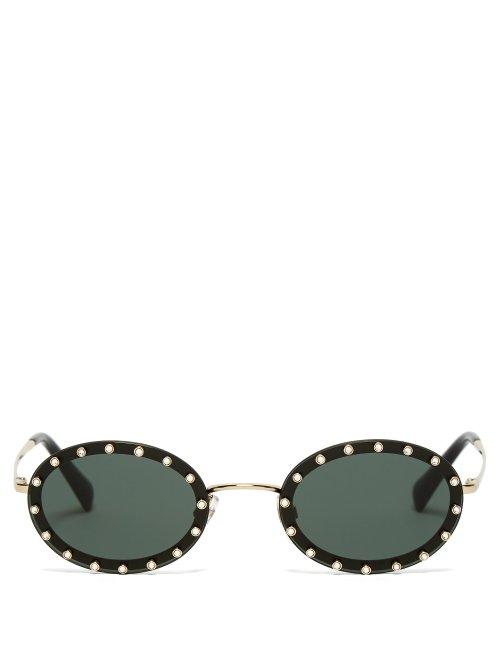 Matchesfashion.com Valentino - Crystal Embellished Oval Frame Sunglasses - Womens - Black Silver