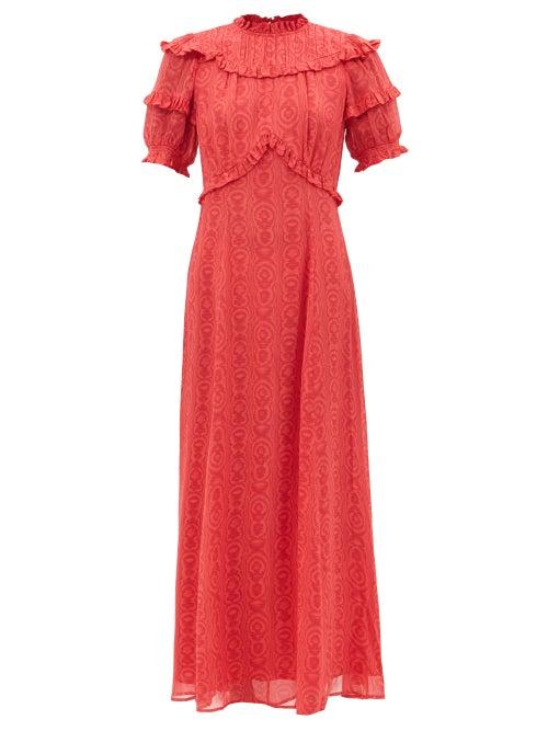 Cefinn - Violetta Ruffled Moir-jacquard Georgette Dress - Womens - Red