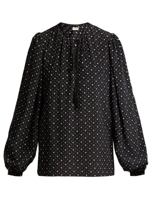 Matchesfashion.com Saint Laurent - Heart Print Silk Crepe De Chine Blouse - Womens - Black White