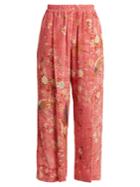 By Walid Palazzo Pleated Bird-print Silk Trousers