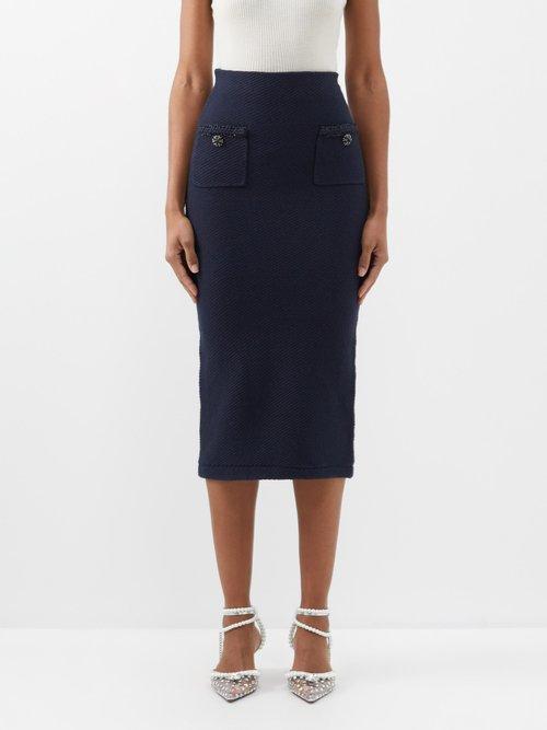 Self-portrait - Ribbed-knit Cotton-blend Midi Skirt - Womens - Navy