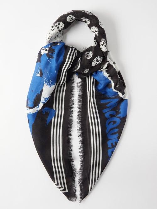 Alexander Mcqueen - Graffiti-skull Print Fringed Scarf - Mens - Black Multi