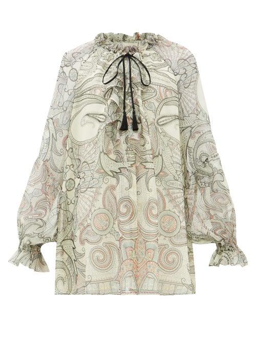 Matchesfashion.com Etro - Camilia Ruffled Paisley-print Silk-chiffon Blouse - Womens - White Black