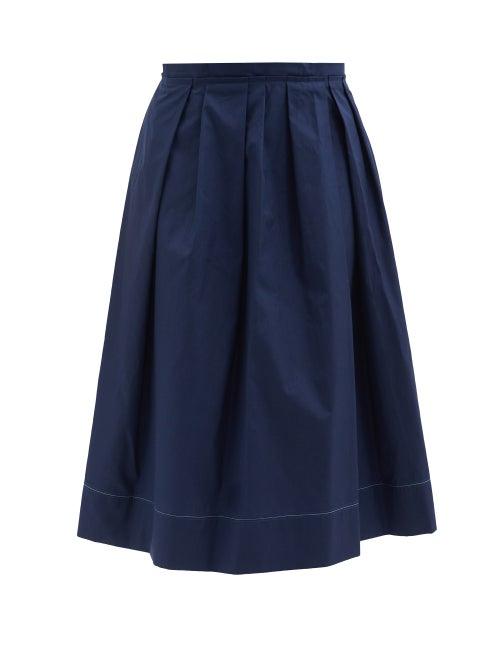 Marni - Topstitched Pleated Cotton-poplin Midi Skirt - Womens - Navy