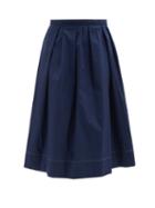 Marni - Topstitched Pleated Cotton-poplin Midi Skirt - Womens - Navy