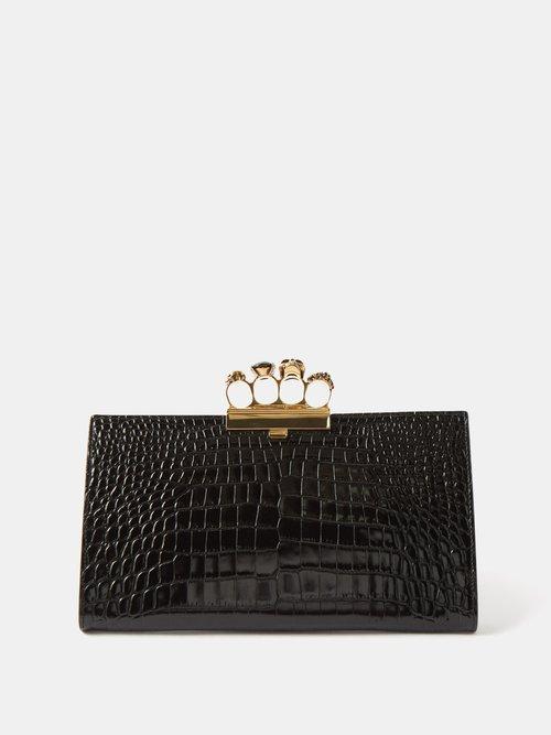 Alexander Mcqueen - Skull Four-ring Croc-effect Leather Clutch Bag - Womens - Black