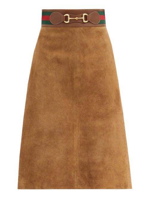 Matchesfashion.com Gucci - Web-stripe & Horsebit Suede Skirt - Womens - Brown
